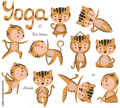 Set of 10 cute stylish cartoon smiling tigers in various yoga asanas on a white background. Isolated childish cute clip-art of exercise poses. Graphic design, poster, sticker, print on clothes. Vector