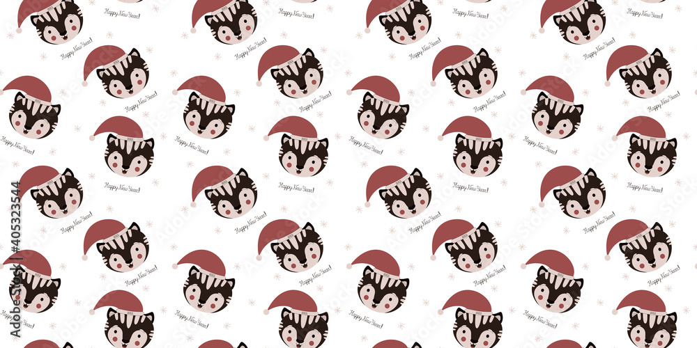 Stylish childish seamless pattern of the faces of cute happy black tigers in Santa Claus caps in the Scandinavian style, snowflakes, calligraphic quotes Stylish childish seamless pattern of the faces of cute happy black tigers in Santa Claus caps in the Scandinavian style, snowflakes, calligraphic quotes