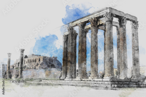  Ancient Sites The ruins of ancient temple Zeus, Athens, Greece. Watercolor splash with hand drawn sketch illustration