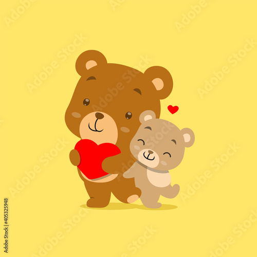 The two cartoon bear with the different color is standing and holding of the red heart