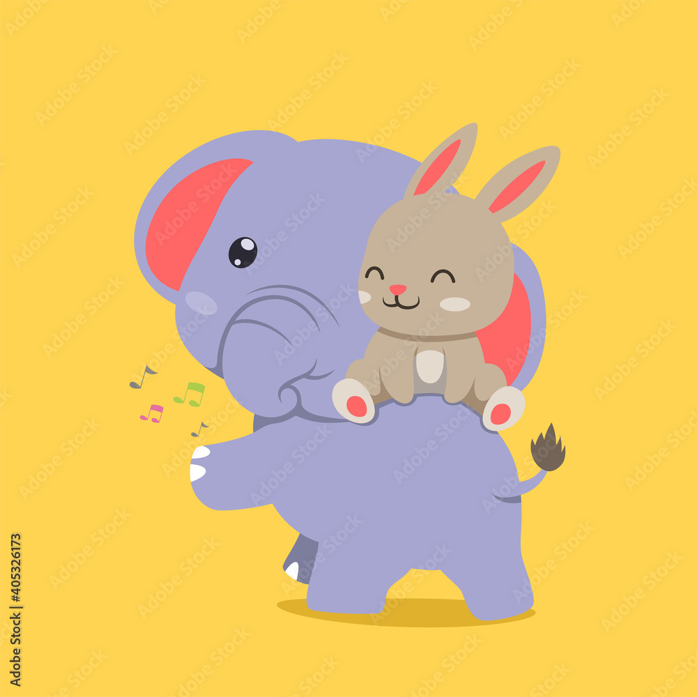 Fototapeta premium The elephant with the small tail and playing with the happy rabbit