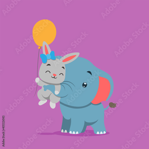The little elephant is playing and lifting the little rabbit holding the balloon