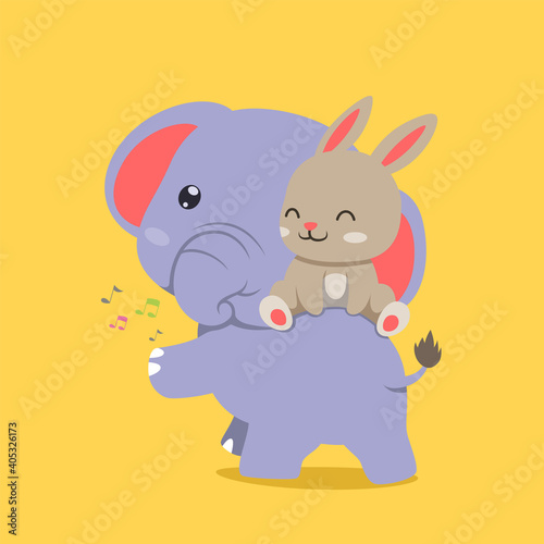 The elephant with the small tail and playing with the happy rabbit