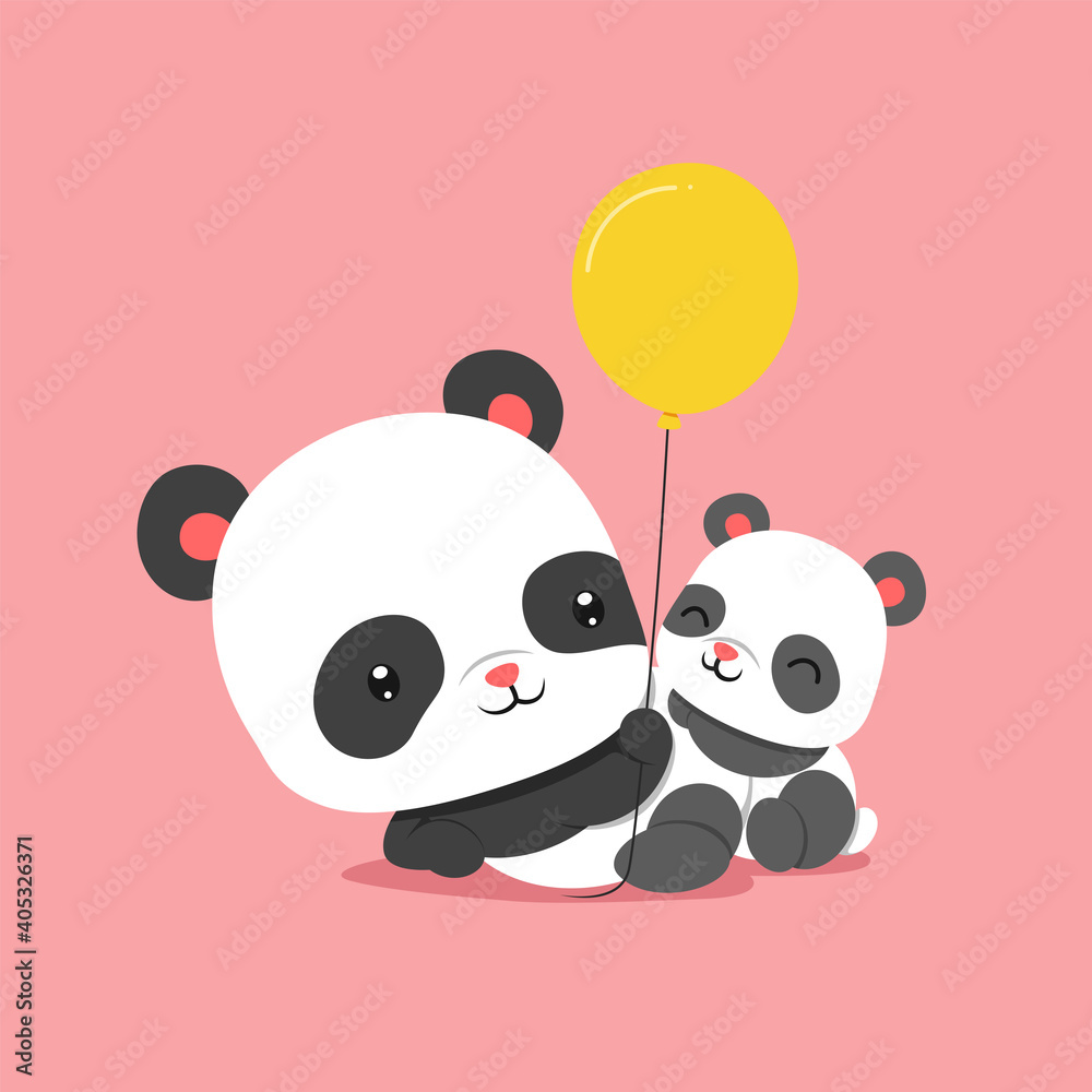 The panda is playing the balloons with baby panda The panda is playing the balloons with baby panda