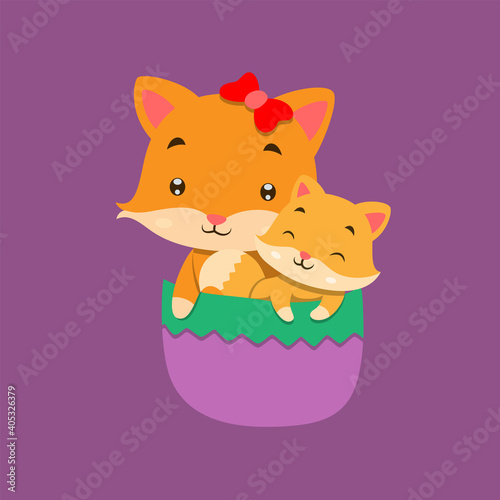 The fox with the ribbon tie and the baby fox is sitting on the purple pocket