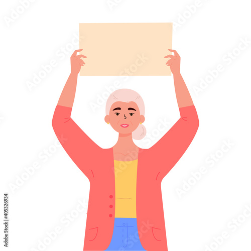 Senior woman holding a blank poster with place for text. An old woman holds a bullet leaf in her hands. Woman shows a poster. Hand drawn style vector trendy illustration.