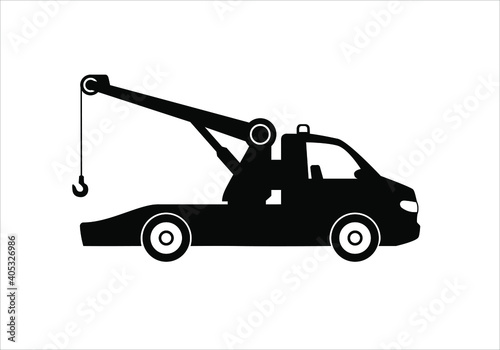 Tow truck city road assistance service evacuator. Parking violation. Road sign - no Parking. Truck emergency symbol. Black vector icon.