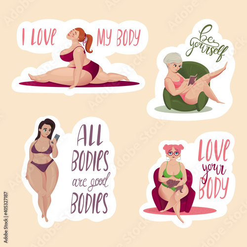 Happy body positive concept, set of stickers with lettering. I love my body. Attractive overweight woman. For fat acceptance movement, no fatphobia. Different plus size women. vector illustration.
