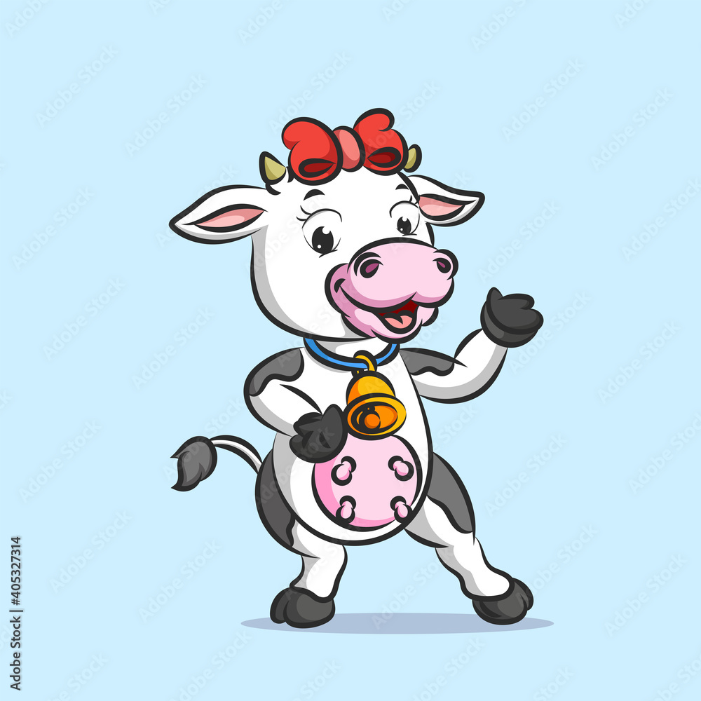 The funny cow with the red ribbon holding the golden bell
