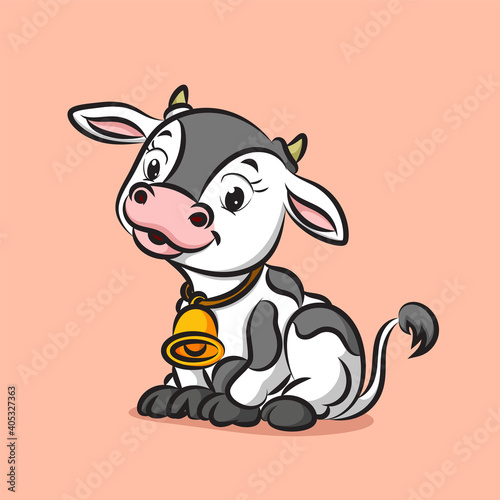 The baby cow with the bell on his neck is smiling with the happy expression