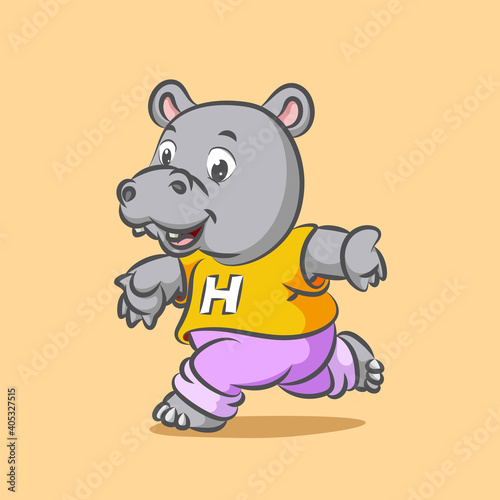 The big hippopotamus is running for doing the sport using the yellow shirt