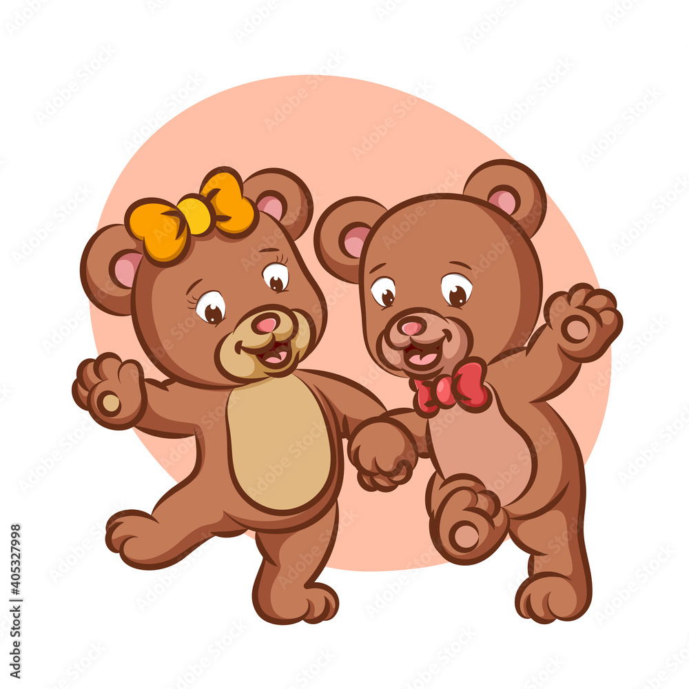 The couple bear is dancing together with the happy face