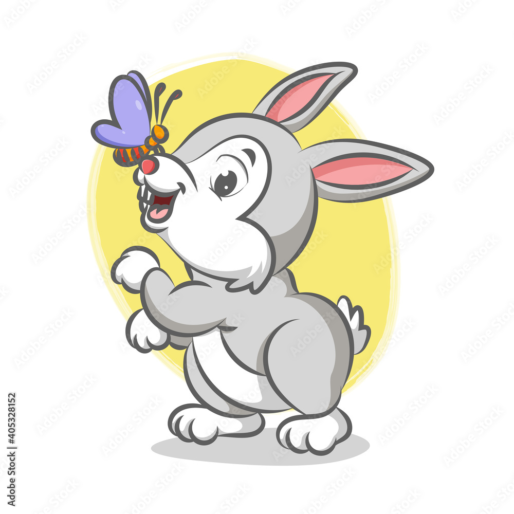 The cute rabbit is playing with the beautiful butterfly perch on his nose The cute rabbit is playing with the beautiful butterfly perch on his nose