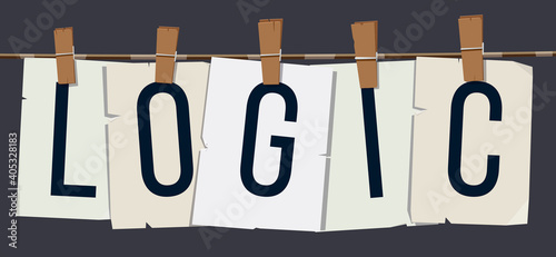 Word "Logic" attached to the rope with hairpins