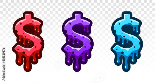 Dollar sign. Current dollar. Dollar symbol melting. Paint dripping. Dollar symbol. Vector money symbol. Bank payment symbol. Paint flows. Dripping liquid. Molten. Flowing liquid. Money icon. 