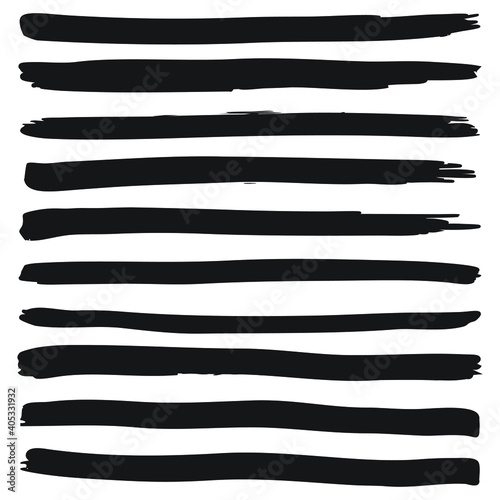 Set of 10 black brush strokes. Grunge borders. Vector illustration.