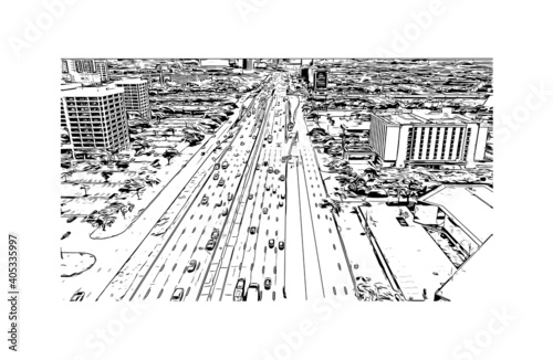 Building view with landmark of Dallas is the
city in Texas. Hand drawn sketch illustration in vector.