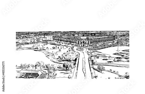 Building view with landmark of Dallas is the
city in Texas. Hand drawn sketch illustration in vector.