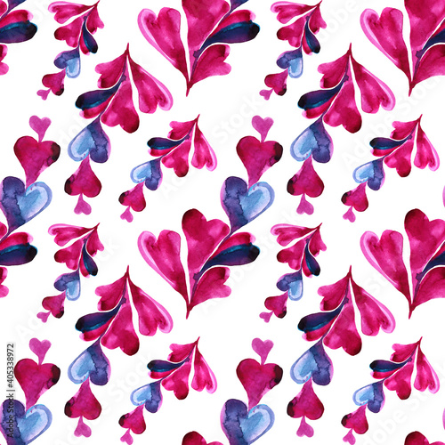 Seamless pattern watercolor pink, red, blue abstract hearts on white. Brushstroke creative background for valentine's day, card, celebration, wedding, wallpaper, wrapping