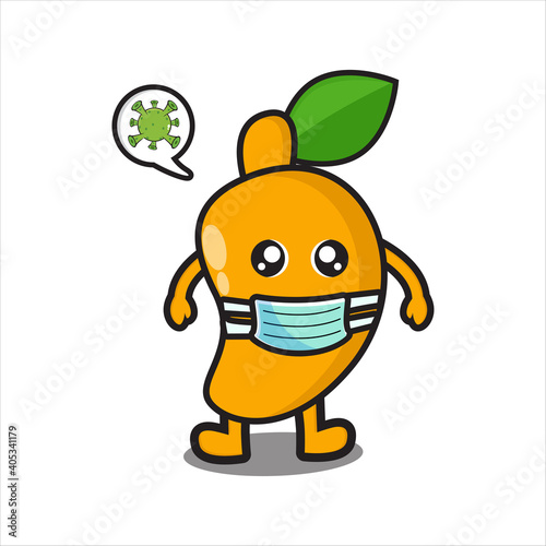 cute mango mascot with corona mask vector design eps 10