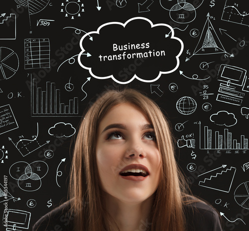 Business, technology, internet and network concept. Young businessman thinks over the steps for successful growth: Business transformation