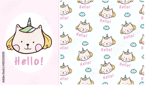 Cute hello cat unicorn poster seamless pattern design vector