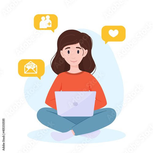 The woman works at the laptop. Internet surfing concept. Freelance concept.