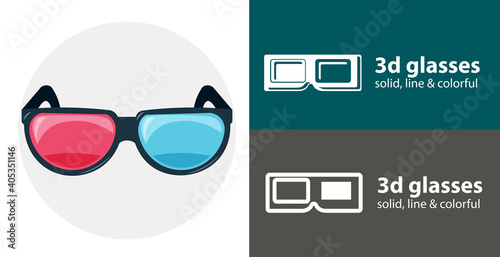 3d movie glasses isolated vector flat icon with technology electronics solid, line icons