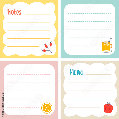 Set of square memo notepads with cute hand drawn illustrations. 