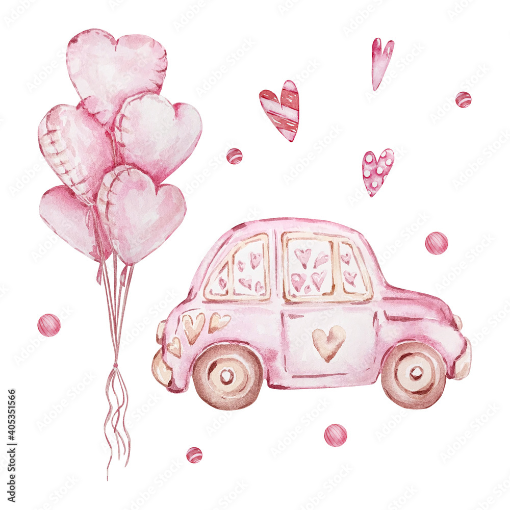Watercolor hand drawn set of pink car and heart shaped balloons Watercolor hand drawn set of pink car and heart shaped balloons