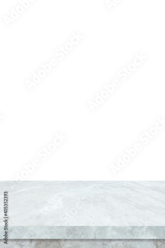 Vertical empty white marble stone table isolated on white background, banner, table top, shelf, counter design for food, product display montage backdrop, template