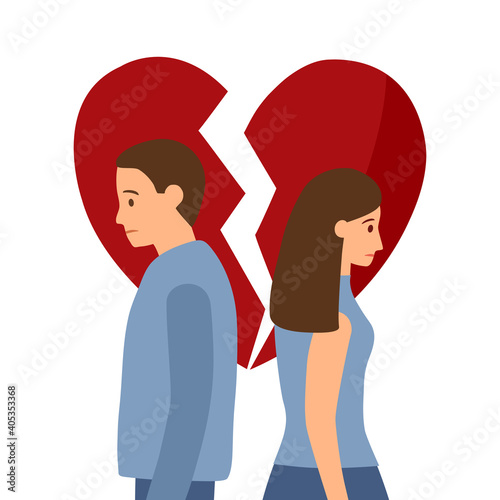 Broken heart concept vector illustration. Sad man and woman crying with red broken heart pieces.