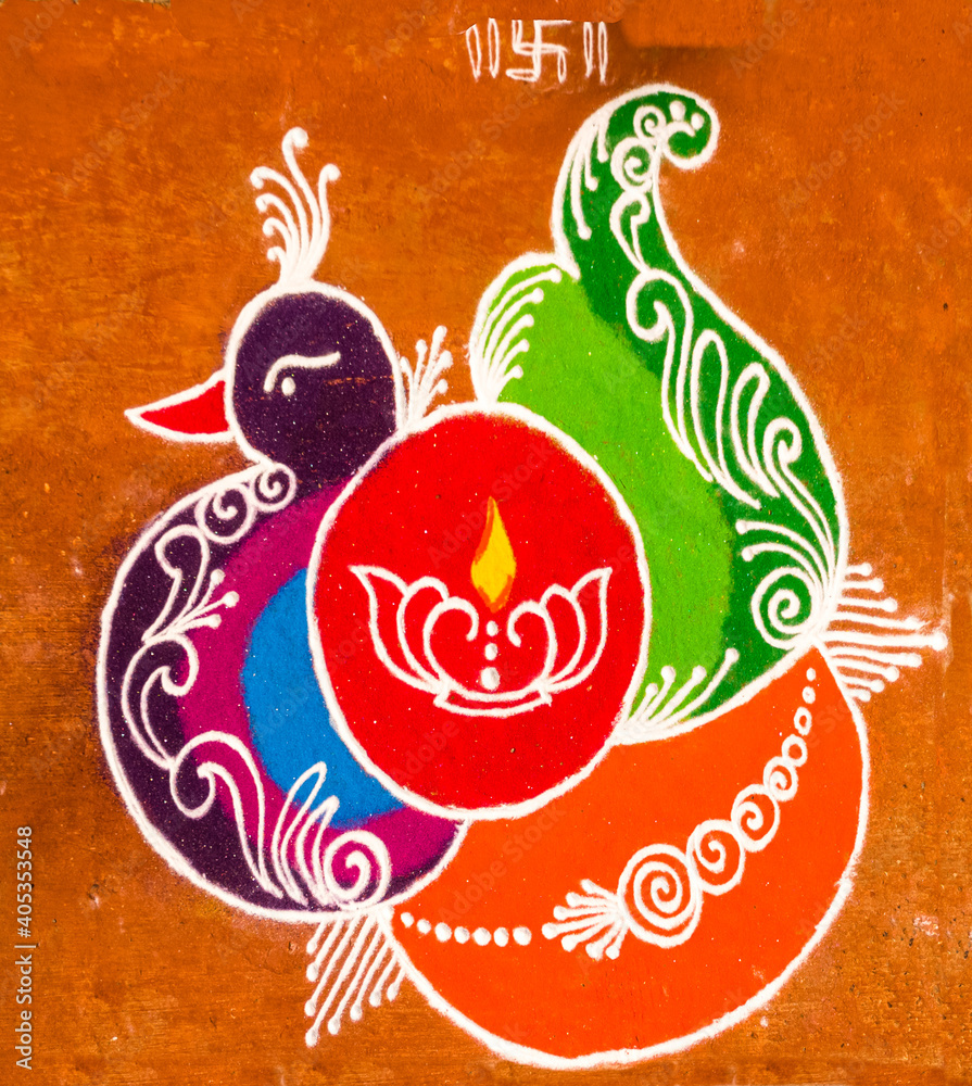 Beautiful hand drawn colourful rangoli. Shown candle light, peacock design  pattern on colourful background. Kolam, alpana, alpona, paisley. Stock  Photo | Adobe Stock