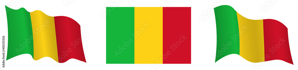 flag of Mali in static position and in motion, fluttering in wind in exact colors and sizes, on white background flag of Mali in static position and in motion, fluttering in wind in exact colors and sizes, on white background