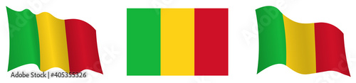 flag of Mali in static position and in motion, fluttering in wind in exact colors and sizes, on white background