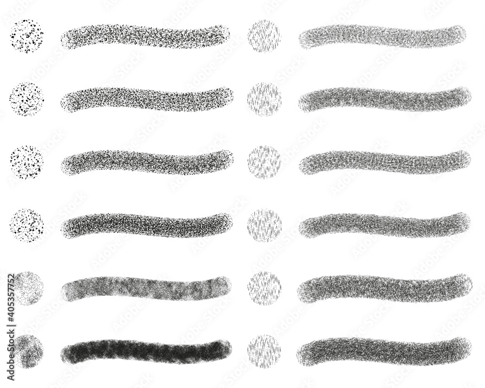 Set of 12 fixed and random scatter brushes + symbols (sprayer) + editable templates vector in dot-dash grunge pattern. Created using AI CS6.