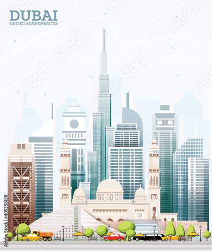 Fotografia Dubai United Arab Emirates (UAE) City Skyline with Colored Buildings and Blue Sky