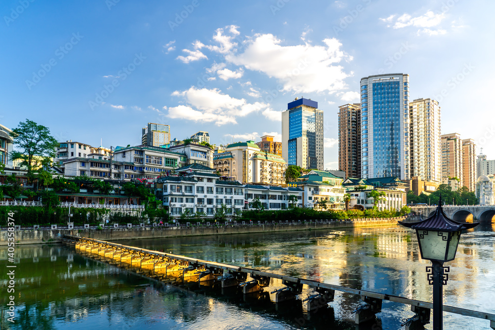 Fototapeta premium The moat of Guizhou, the riverside, the city skyline