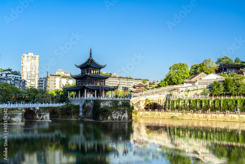 Guiyang  China skyline at Jiaxiu Pavilion on the Nanming River. Translation  The most beautiful pavilion 