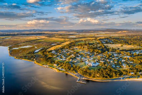 Aerial view of Marlo town at sunset in Victoria, Australia