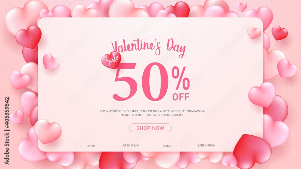 Happy valentine's day greeting poster or banner sale 50% off. promotion and shopping template, 3D sweet hearts on pink background. Happy valentine's day greeting poster or banner sale 50% off. promotion and shopping template, 3D sweet hearts on pink background.