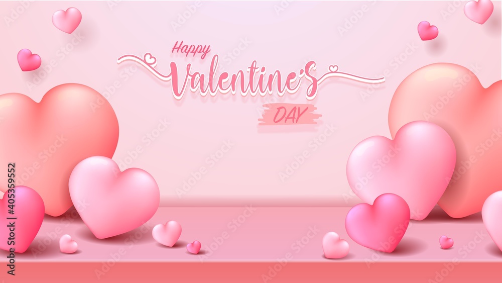 Happy valentine's day background with 3D hearts on pink. greeting banner or card in realistic style. 