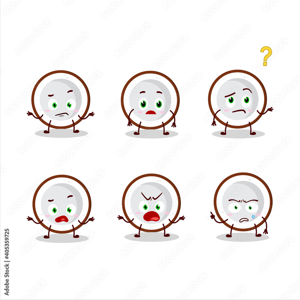 Cartoon character of slice of coconut with what expression Cartoon character of slice of coconut with what expression