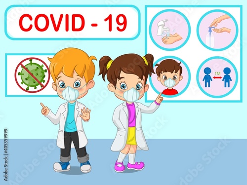 Doctor little kids explain Infographics, wear face mask, wash hands, wears faces mask, hand sanitizer and maintain social distancing