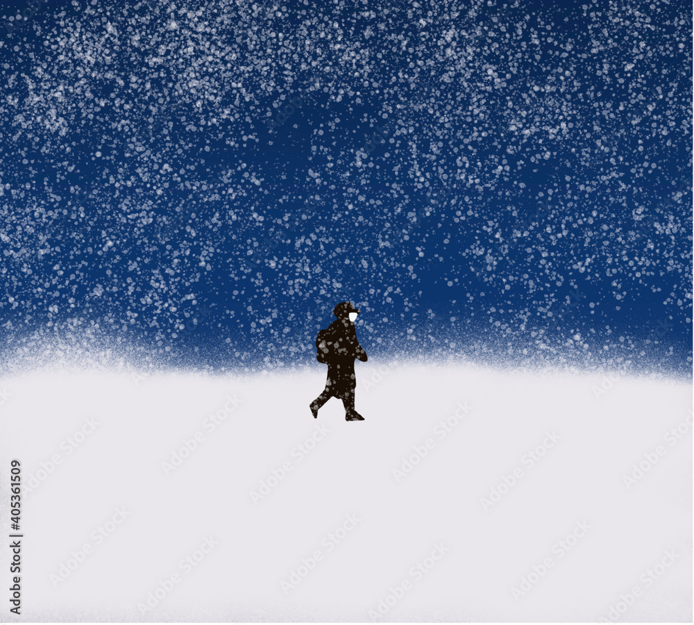 Man with face mask walking in a heavy snowfall. Snow, chaos and streets cut off in the middle of Covid-19 pandemic. Winter concept.Hiker walking through the snow, a storm coming. Man with face mask walking in a heavy snowfall. Snow, chaos and streets cut off in the middle of Covid-19 pandemic. Winter concept.Hiker walking through the snow, a storm coming.