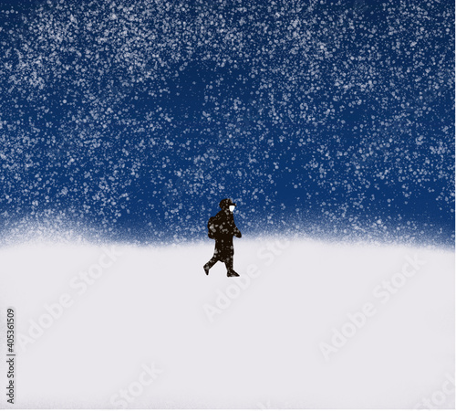 Man with face mask walking in a heavy snowfall. Snow, chaos and streets cut off in the middle of Covid-19 pandemic. Winter concept.Hiker walking through the snow, a storm coming.