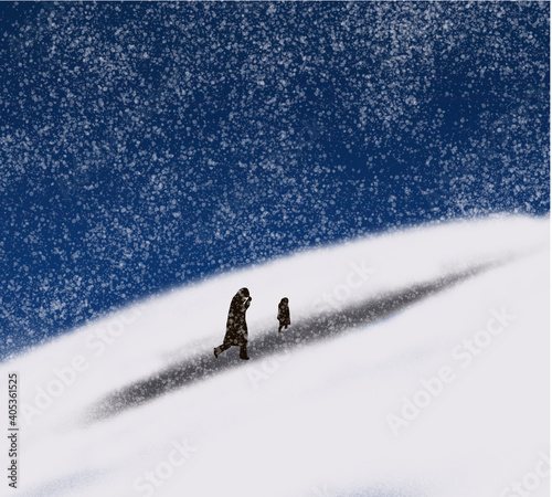 Man with face mask walking in a heavy snowfall. Snow, chaos and streets cut off in the middle of Covid-19 pandemic. Winter concept.Hiker walking through the snow, a storm coming.