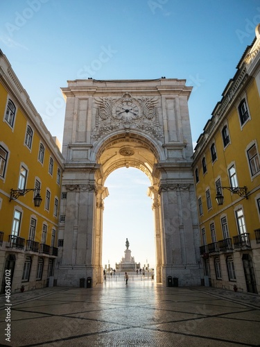Historic architecture triumphal arch Arco da Rua Augusta archway at Praca do Comercio Commerce square Lisbon Portugal