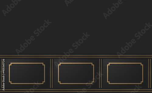 Fototapeta Naklejka Na Ścianę i Meble -  3d rendering. modern gold square classical frame pattern design on dark cement vintage wall background.