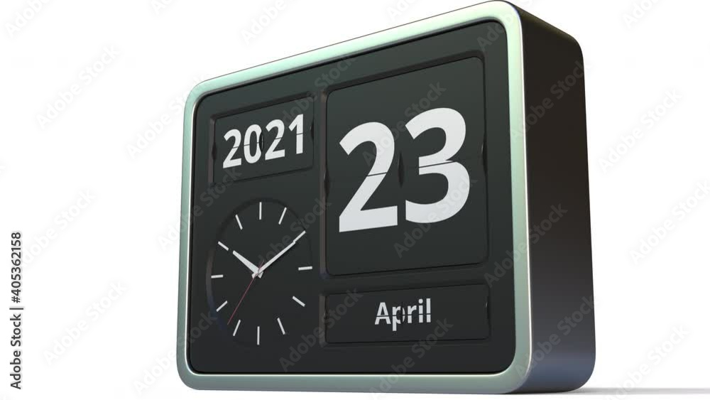 April 23 date on the flip clock calendar, 3d animation